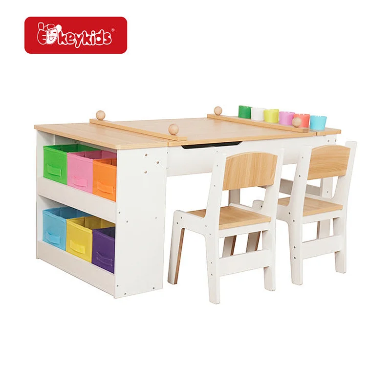 Wooden Kids Activity Table and Chair Set with Storage Bins, Paint Cup Holders, Two Chairs for Toddler Drawing Studying W08G516